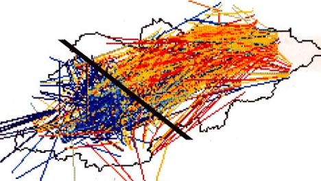 Трассы распространения продольных волн местных землетрясений